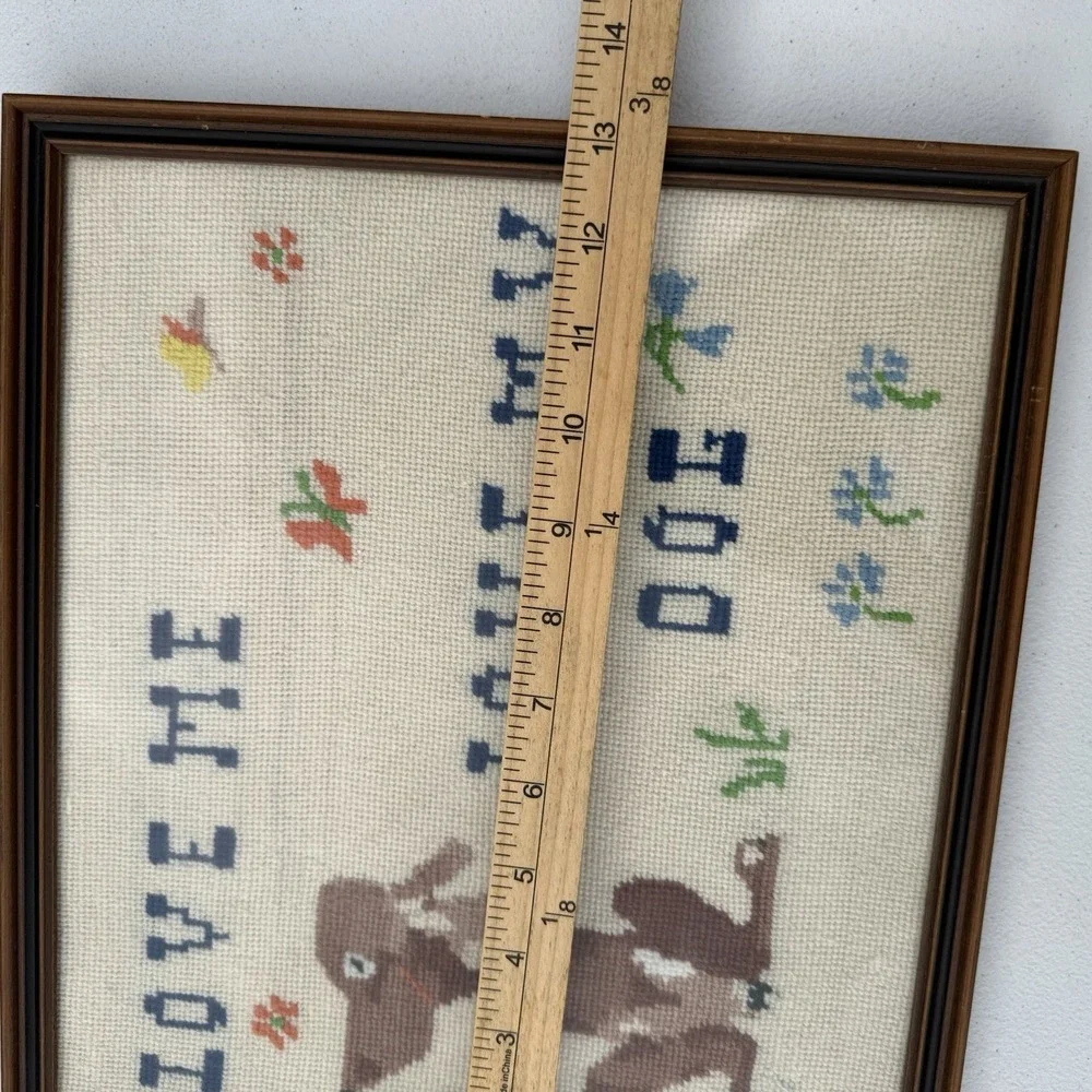 VTG Hand Cross Stitched Dog Sign Love Me Love‎ My Dog Adorable! 13x11